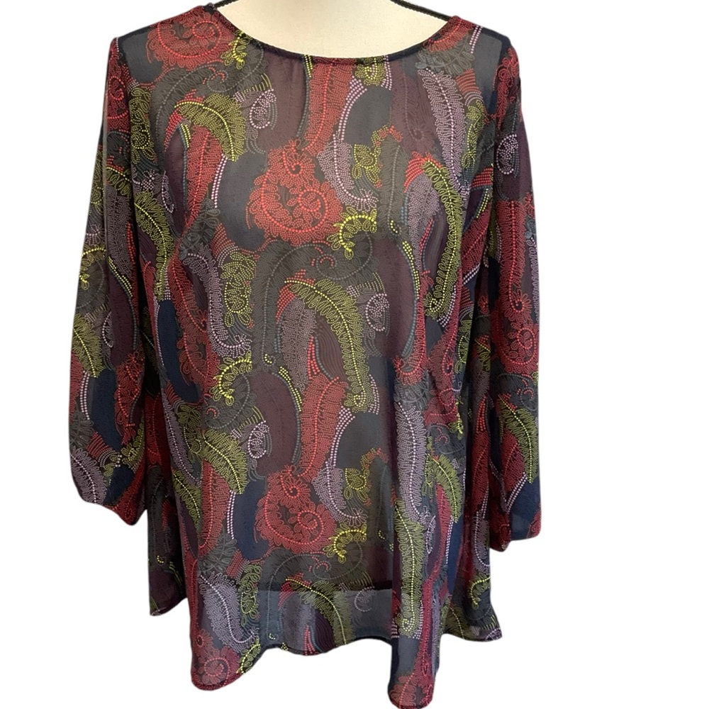 Ryan Wythe Womens Top 2x Purple Pink Yellow Sheer Keyhole Neck 3/4 Flowy Sleeve